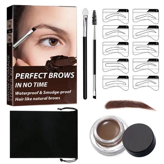 Eyebrow Stamp Stencil Kit, Waterproof Eyebrow Pomade for Perfect Bushy Eyebrows, 20 Brow Stencils, Brow Stamp Trio Kit with Sponge Applicator, Dark Brown